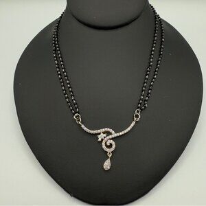 Dainty Necklace with Black Beaded Chain and CZ studded Asymmetrical Pendant